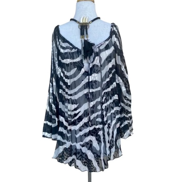 Hale Bob Accordion Pleats Tunic Boho Trapeze Dress Flare Sleeves Animal Print - Picture 7 of 14